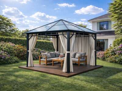 3x3m Garden Gazebo Polycarbonate Roof with a Black Frame and Beige Curtain