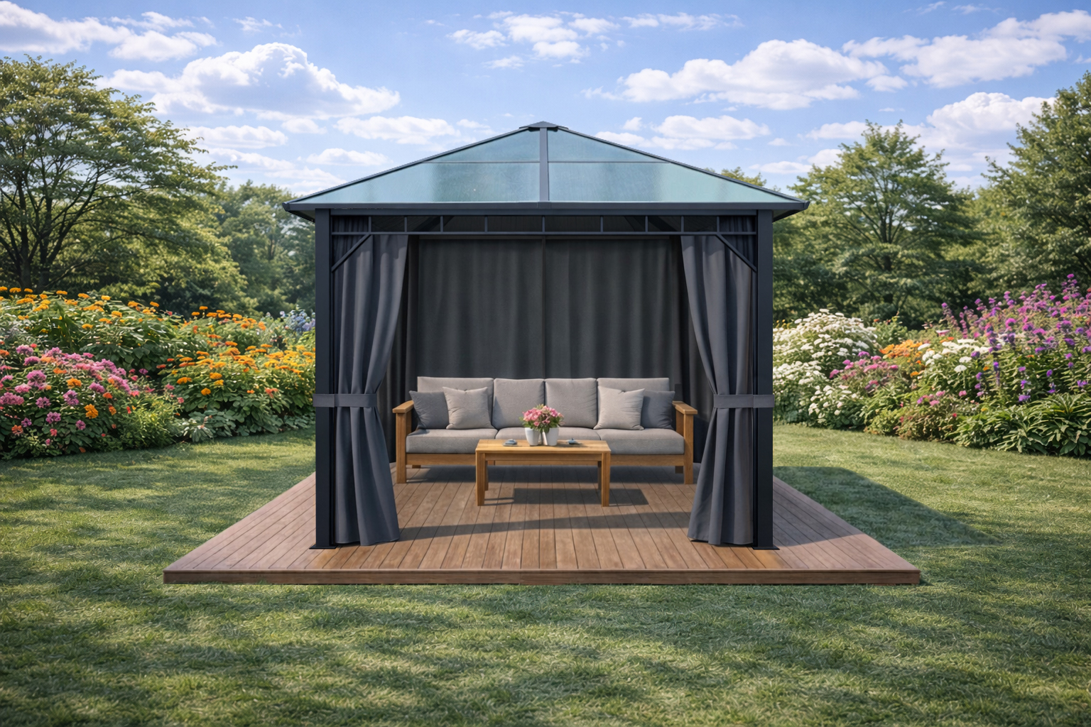 3x3m-Garden-Gazebo-Polycarbona-roof-Black-frame-with-Grey-curtain-1.jpg