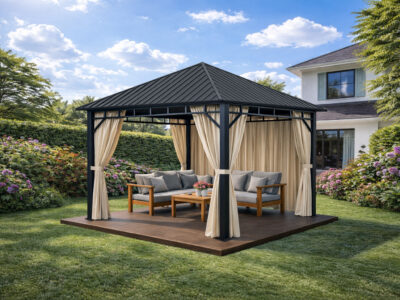 3x3m Garden Gazebo Steel Roof with a Black Frame and Beige Curtain