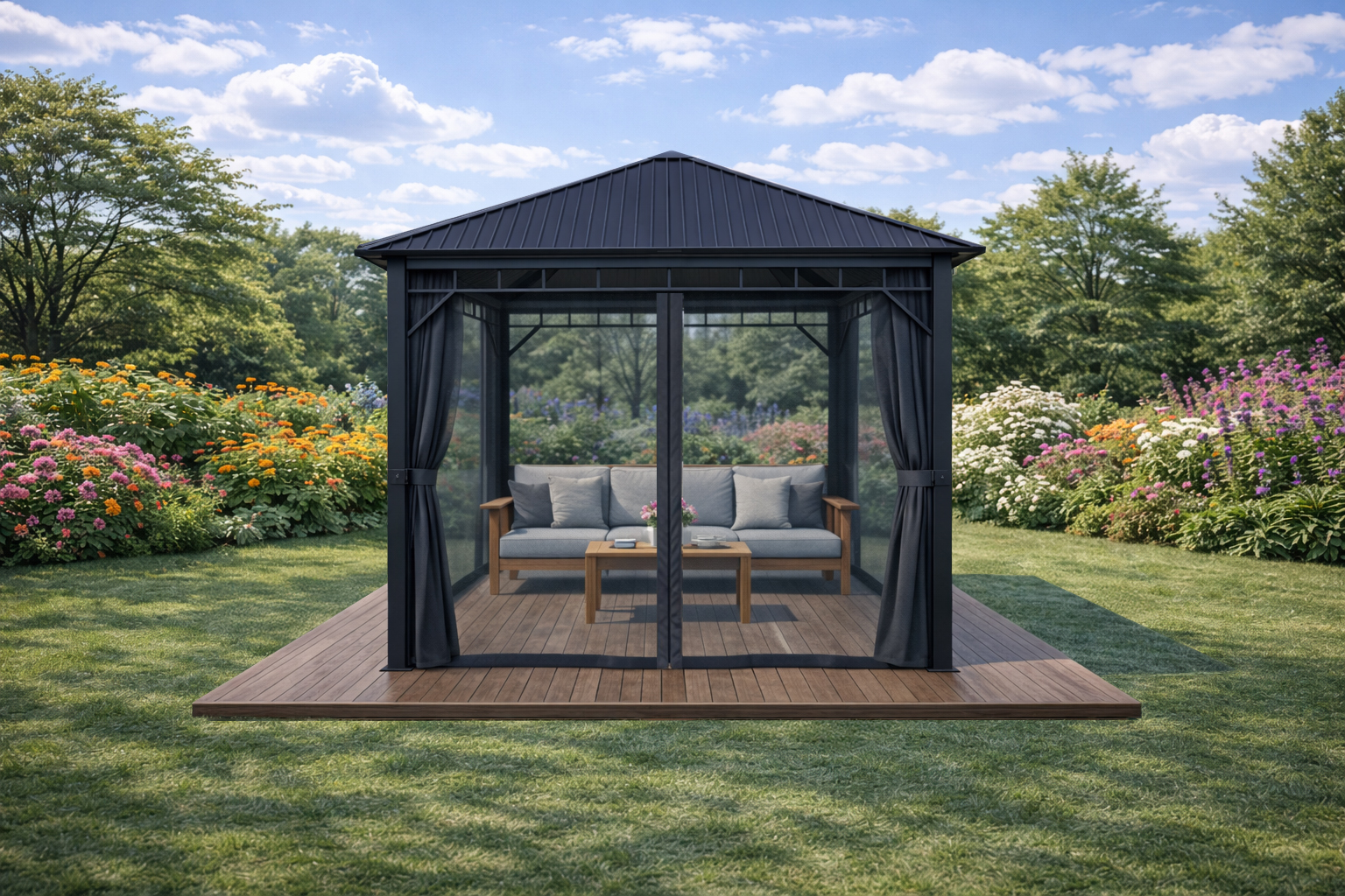 3x3m-Garden-Gazebo-Steel-roof-Black-frame-with-Grey-curtain-3.jpg