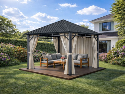 3x3m Garden Gazebo Steel Roof with a Grey Frame and Beige Curtain