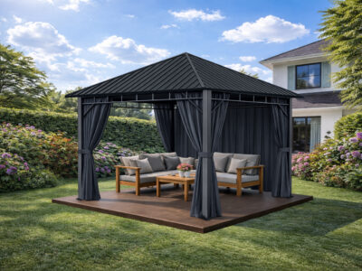 3x3m Garden Gazebo Steel Roof with a Grey Frame and Grey Curtain