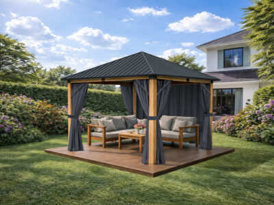 3x3m Garden Gazebo Steel Roof with a Wood Effect Frame and Grey Curtain