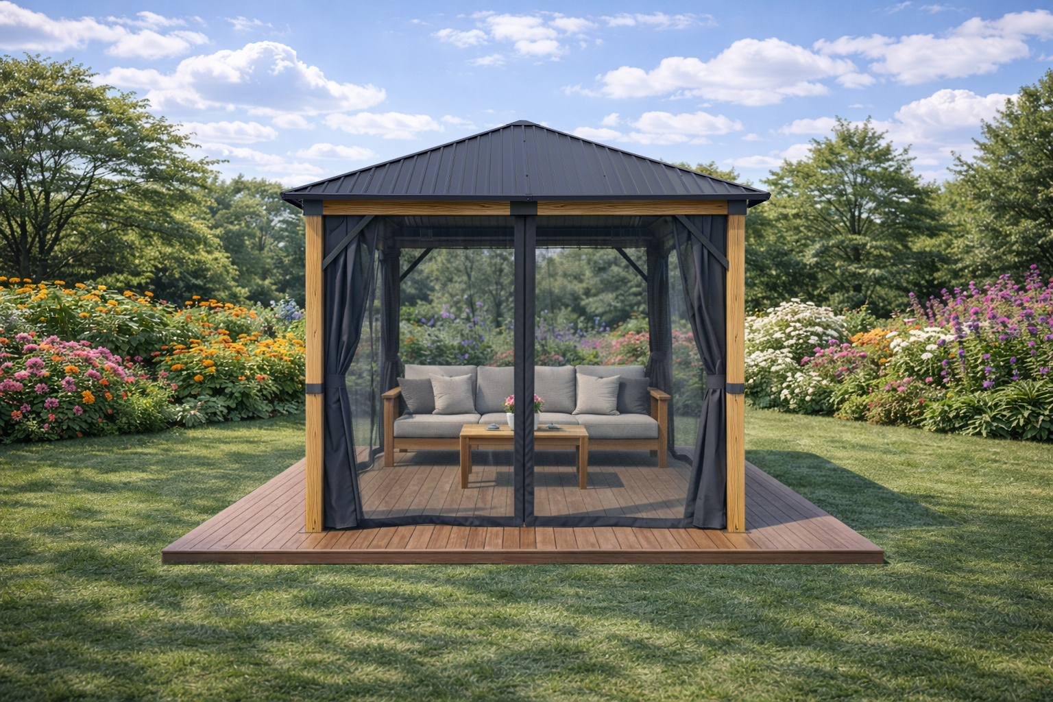 3x3m-Garden-Gazebo-Steel-roof-Wood-Effect-frame-with-Grey-curtain-3.jpg