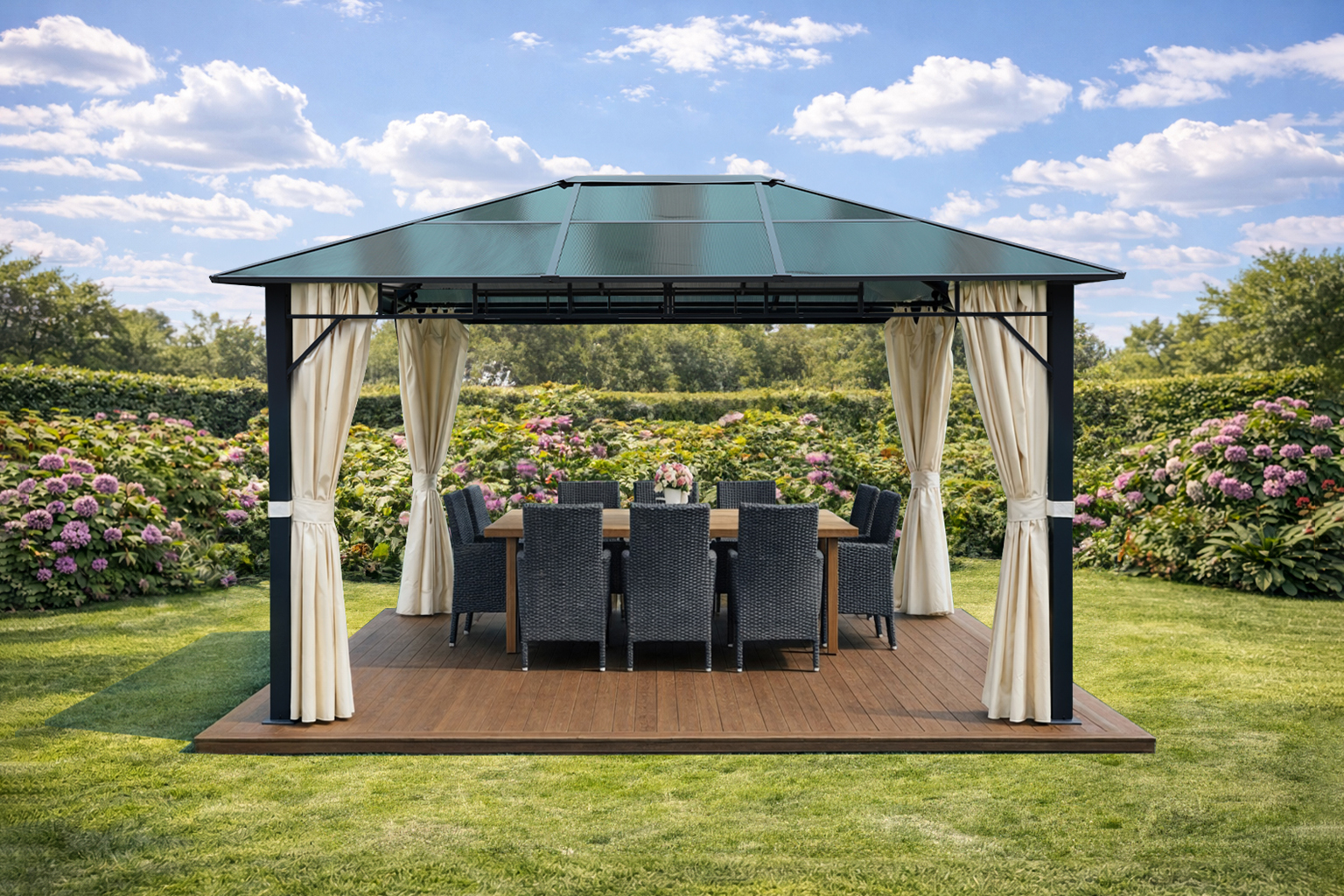 3x4m-Garden-Gazebo-Polycarbonate-roof-Black-frame-with-Beige-curtain-1.jpg