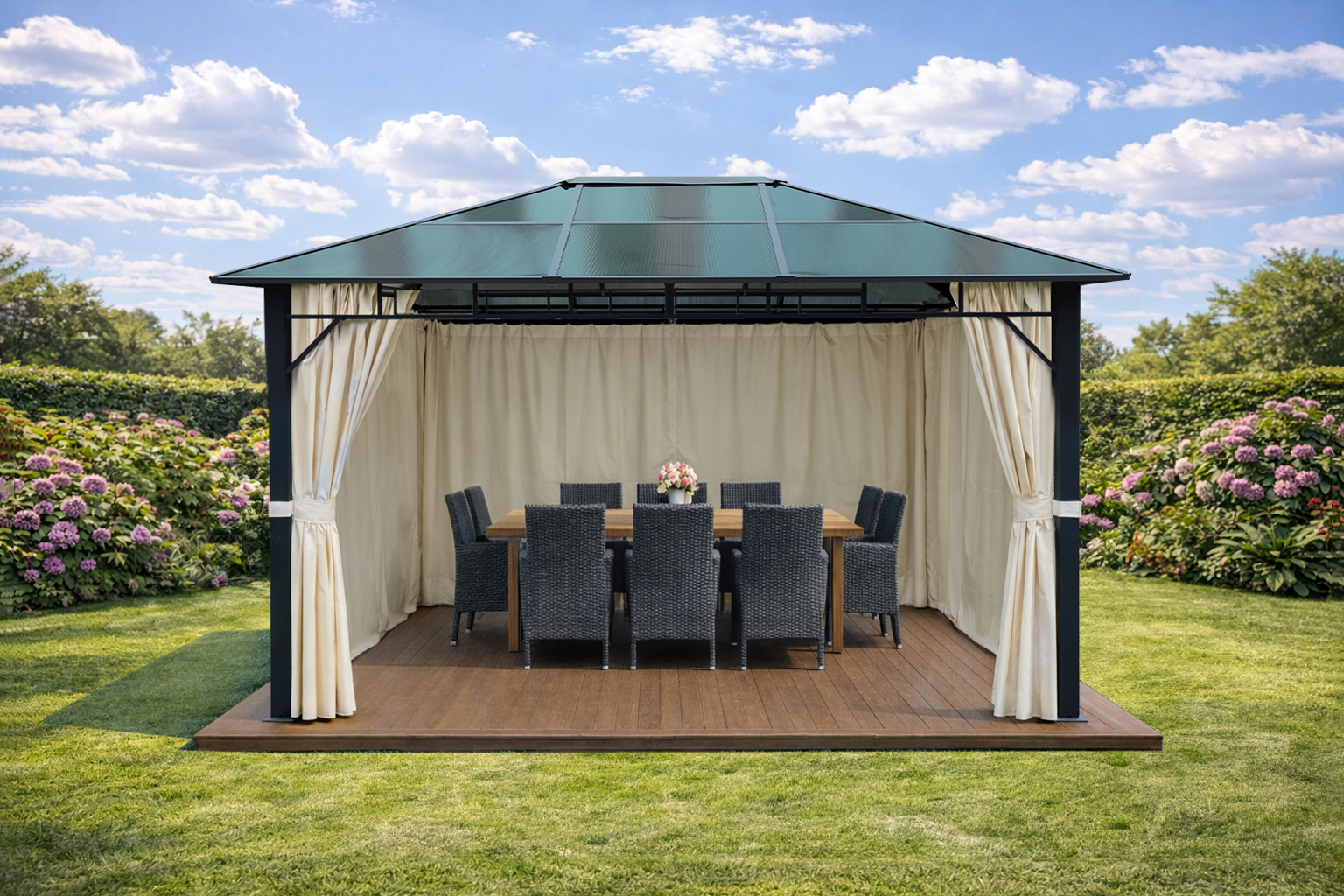 3x4m-Garden-Gazebo-Polycarbonate-roof-Black-frame-with-Beige-curtain-2.jpg