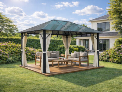 3x4m Garden Gazebo Polycarbonate Roof with a Black Frame and Beige Curtain
