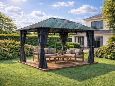 3x4m Garden Gazebo Polycarbonate Roof with a Black Frame and Grey Curtain