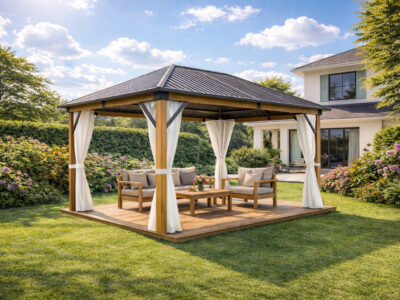 3x4m Garden Gazebo Steel Roof with a Wood Effect Frame and Beige Curtain