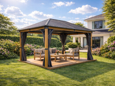 3x4m Garden Gazebo Steel Roof with a Wood Effect Frame and Grey Curtain