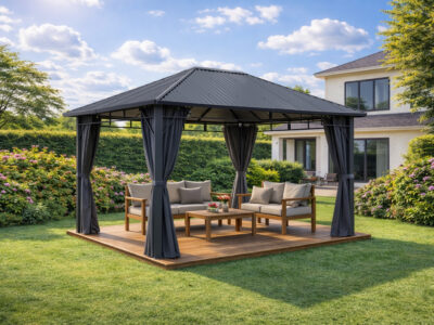 3x4m Garden Gazebo Steel Roof with a Grey Frame and Grey Curtain